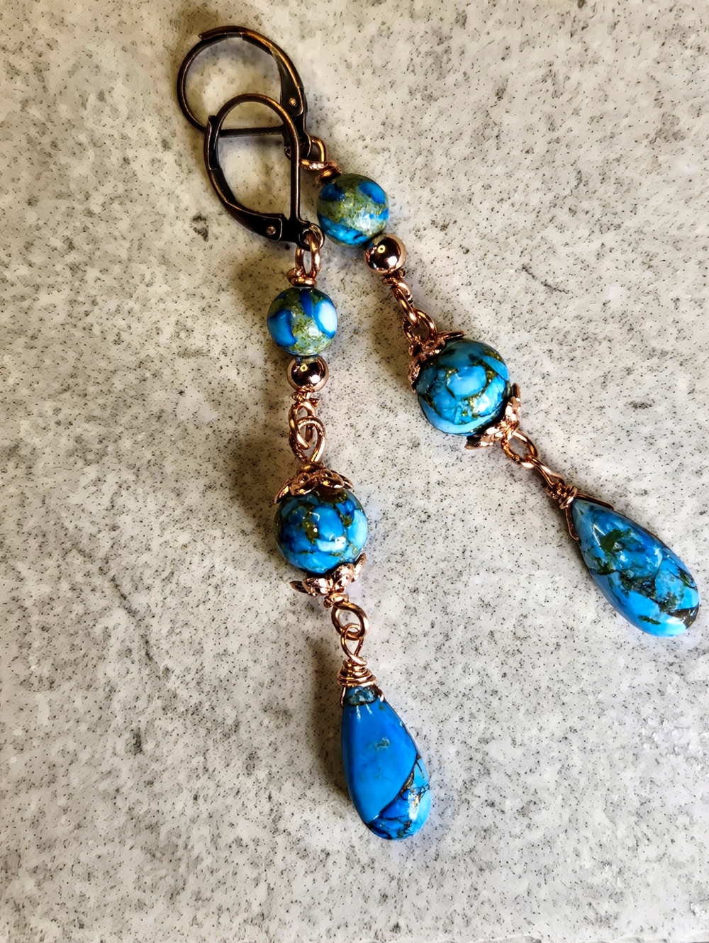 Genuine Copper Turquoise In Three Tiered Handmade Artisan Copper Earrings - Picture 5 of 8